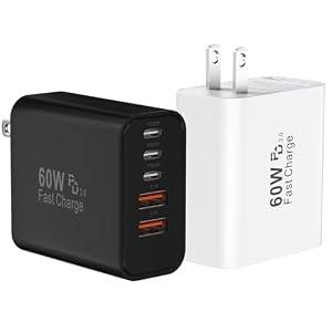 USB C Fast Wall Charger Block, 2Pack 60W USBC Charging Cubes, 5-Port PD+QC Power Adapter Multiport Brick Type C Box Plug for Phone 16/ 15/ 14/ 13/ 12/ 11/ Pro Max/ Plus, Pad Mini/ Pro/ S25/ S24-White+Black