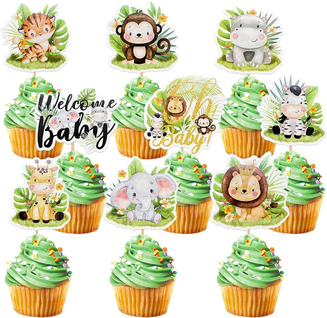 45 Pcs Safari Baby Shower Cupcake Toppers Jungle Animals Oh Baby Party Decorations Safari Theme Cupcakes Toppers for Boys Kids Nursery Wild Party Supplies (Safari Cupcake Toppers Green)