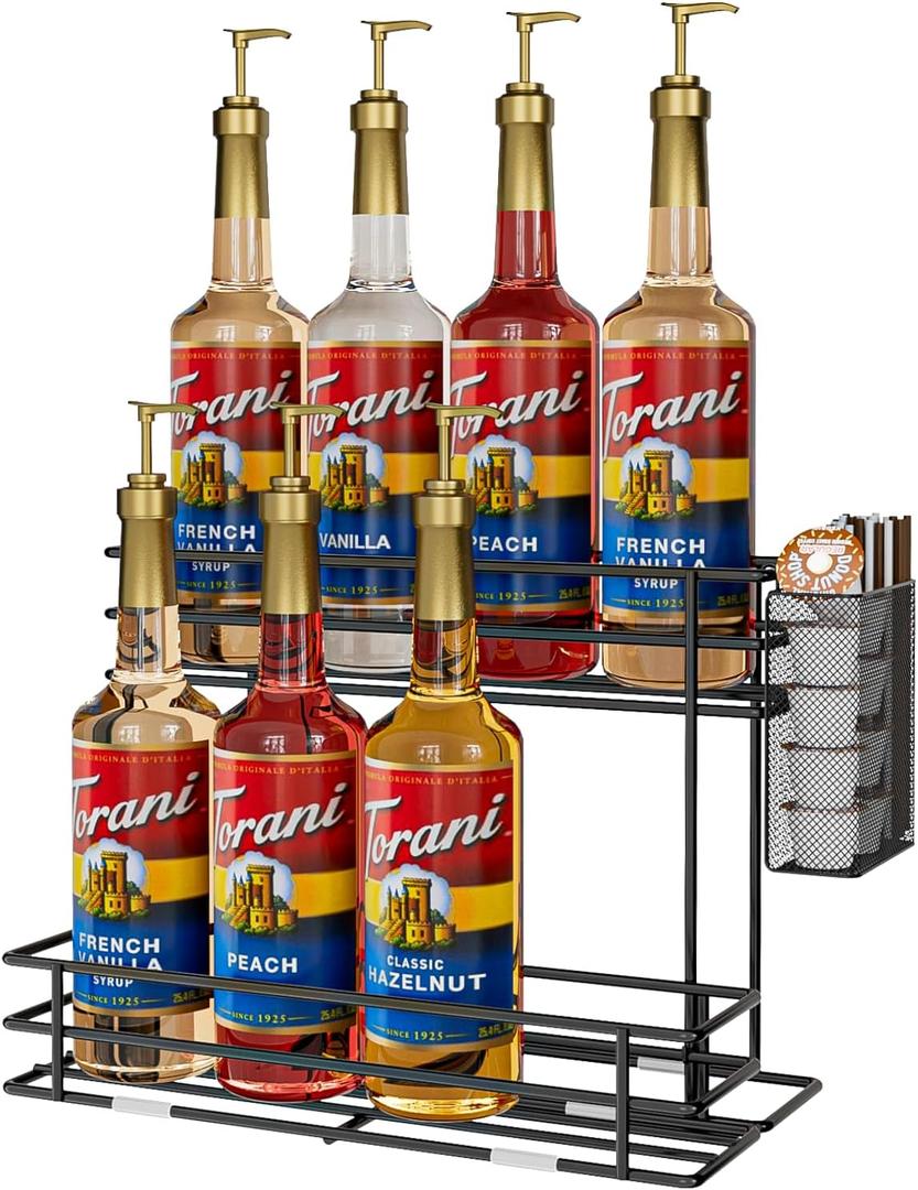 OVICAR Coffee Syrup Organizer Rack - 8 Bottle Holder Stand for Coffee Bar & Station Accessories with Straw & Pod Basket, 2 Tiers Black