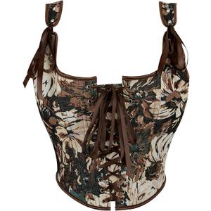 IZUS Women Renaissance Bustier-Corset-Tops Vintage Lace-up Floral-Jacquard Bodice Push-Up Shapewear-Crop-Top, L