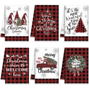 6 Pcs Christmas Kitchen Towels Decorative Buffalo Check Plaid Hand Towels 15.8 x 23.6 Inch Absorbent Red Black Dish Towels Xmas Gnome Truck Tea Towels for Winter Kitchen Housewarming Gifts