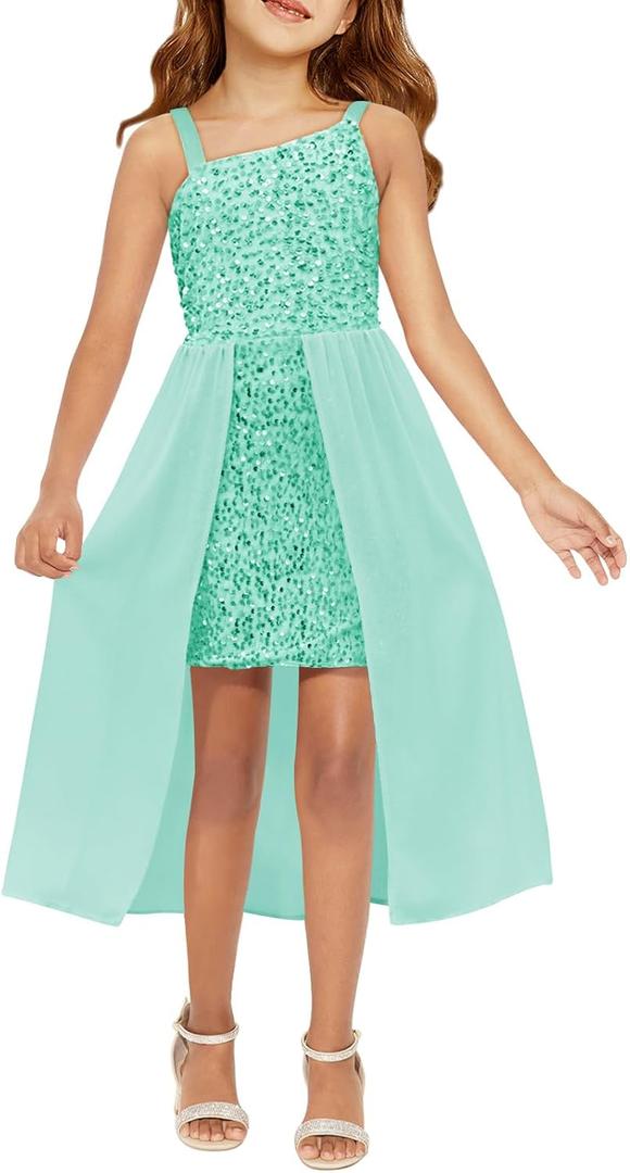 Haloumoning Girls Sequin Dress Kids Formal Sparkly One Shoulder Prom Party Dresses 4-14 Years (10-12 Years, Light Green)