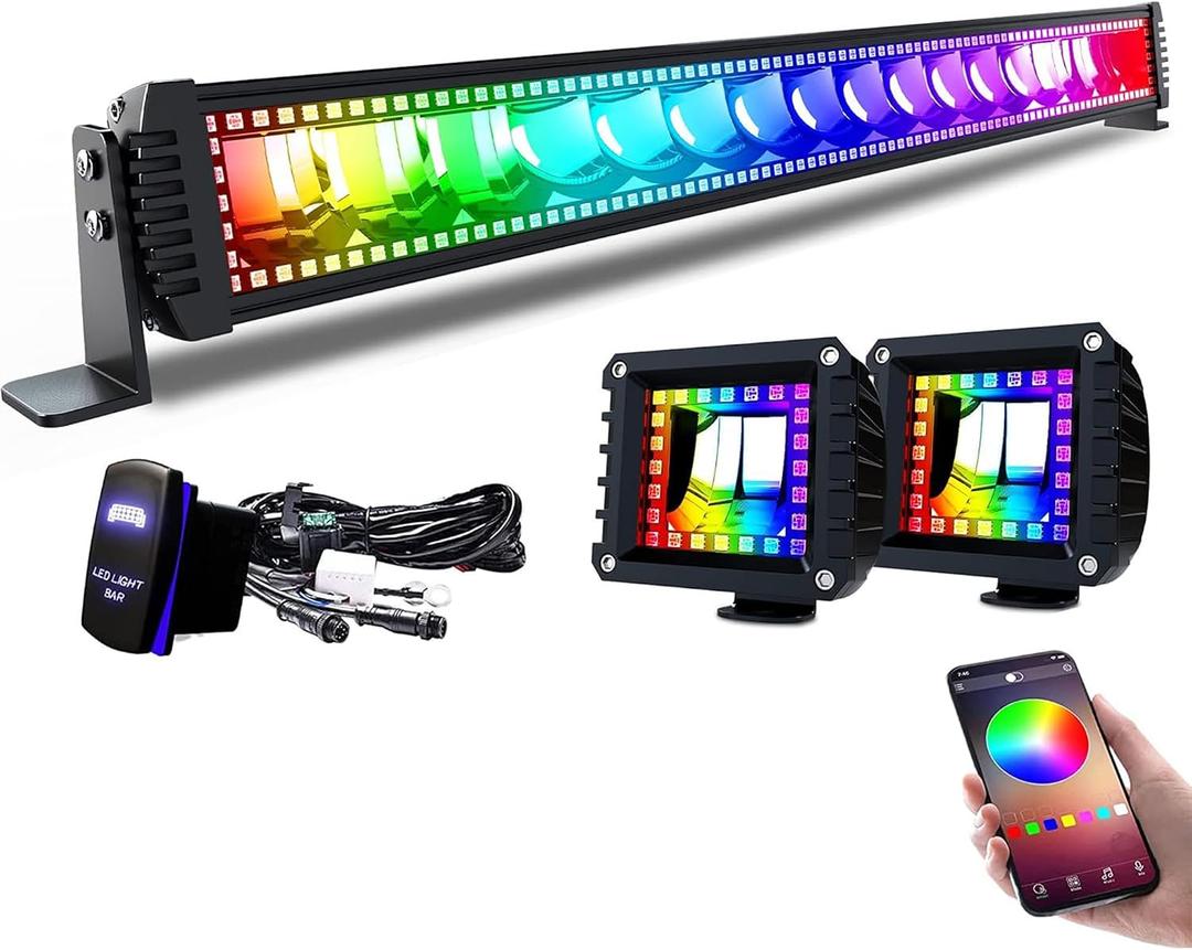Lpteso RGBW LED Light Bar 32'' inch 180W Flood Spot Combo Beam 2PCS 4 Inch 18W Flood RGB LED Pods with 16 Solid Colors Chasing RGB Halo Ring Changing with Strobe Flashing with Rocker Switch Wiring