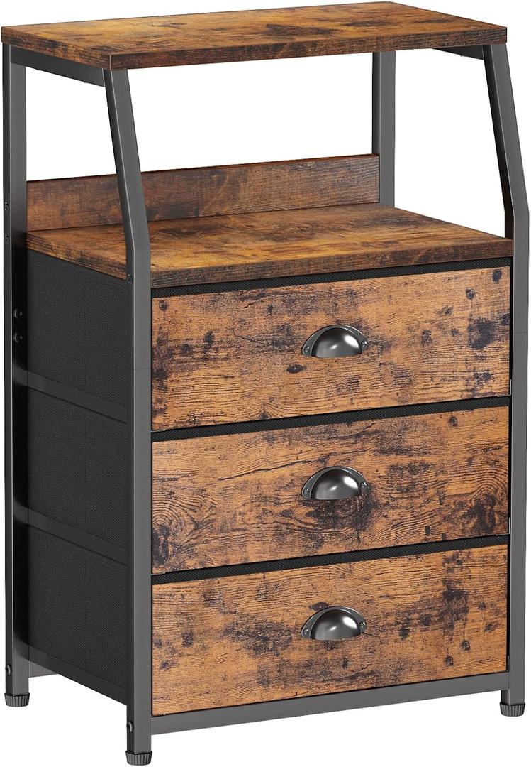 Furnulem Nightstand with 3 Drawers and 2-Tier Shelf, Fabric Small Dresser Organizer Vertical Storage Tower for Bedroom, Closet, Hallway, Nursery, End Table Side Furniture, Sturdy Steel Frame, Wood Top (Rustic Brown)