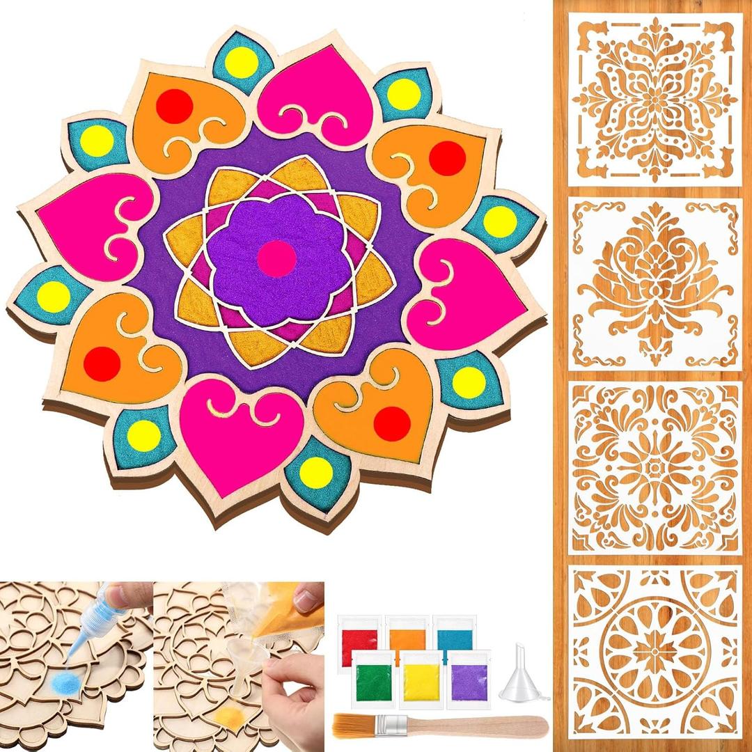 Weekgrat 11.8 Inch Diwali Rangoli Mats Mandala Sand Art Set Include 4 Pcs 6" Painting Stencils Wooden Coloring Mat Stencils for Diwali Rangoli Festivals Home Decor(Nature,Classic Mandala)