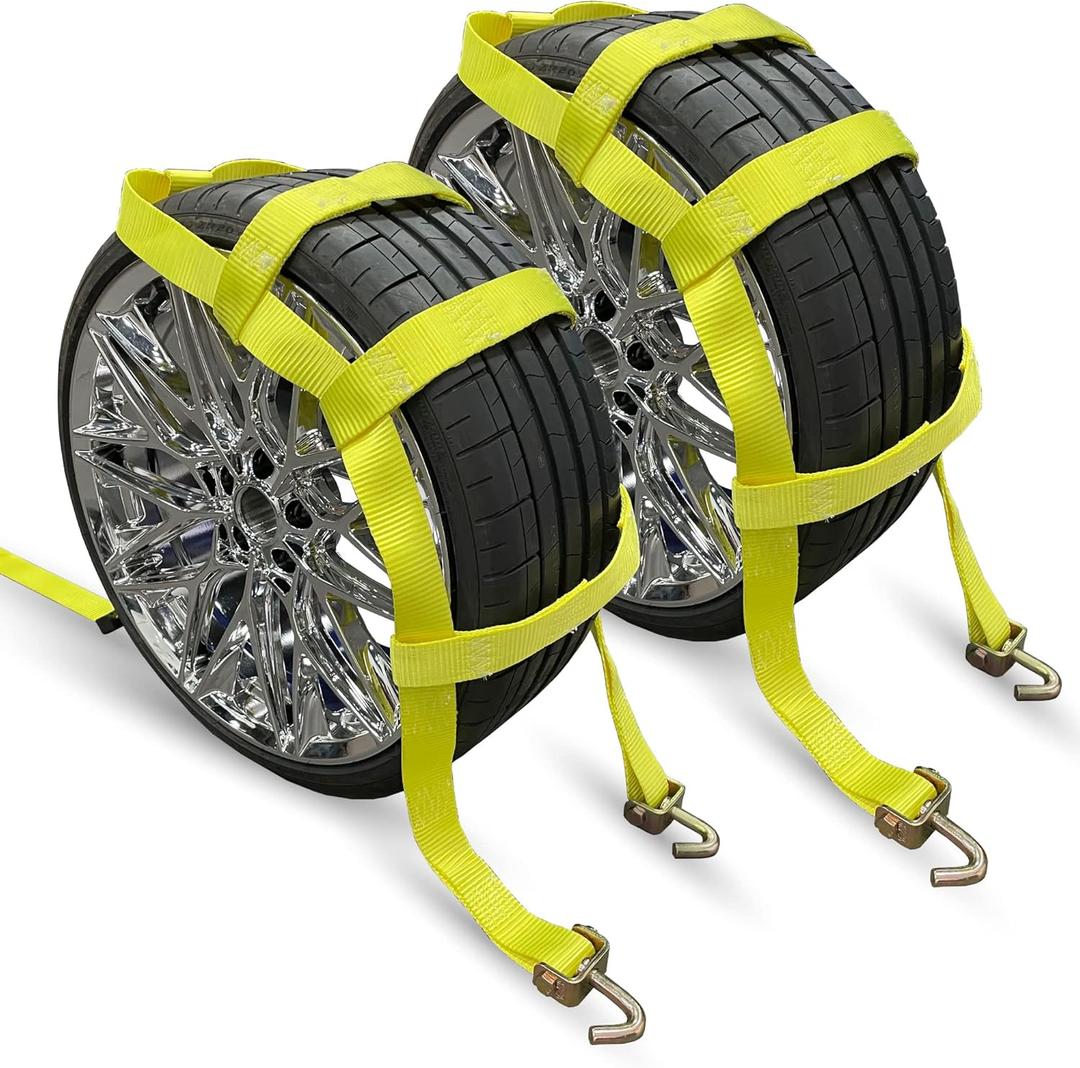 Adjustable Wheel Net Tow Basket Straps with Swivel J Hooks (2 Pack) - Universal for 14"-22" Tires - Strap for Dolly with Ratchet or Winches, 10,000lbs Break Strength