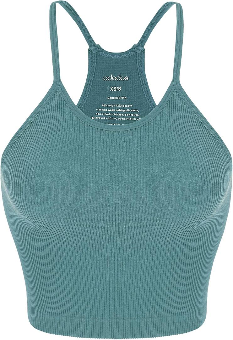 ODODOS Women's Crop Seamless Rib-Knit Camisole Strappy Racerback Crop Tank Tops, Longline Crop, Sky Blue, X-Large/XX-Large (XXL)