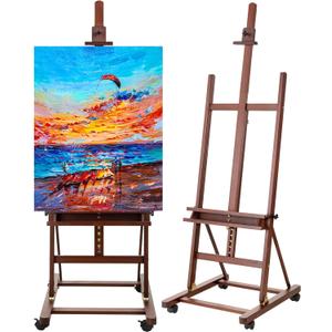 H-Frame Studio Easel, Beechwood Artist Easel with Wheels and Storage Tray, Adjustable Floor Easel Stand Holding Canvas up to 51Inches for Painting, Brown