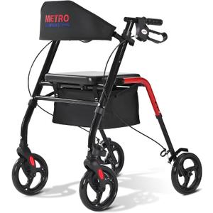 Metro Mobility Rollator Walker with Seat for Seniors, Foldable Lightweight Rolling Walker, 8" Big Wheels for All Terrain, 300 lb. Weight Capacity, Red