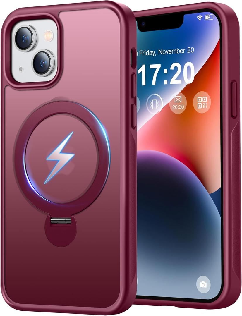 360 Rotatable Magnetic Stand for iPhone 13/14 Case Compatible with Mag-Safe 16FT Military Drop Protection, Anti-Scratch/Fingerprint iPhone 13/14 Phone Case(Matte-Red)