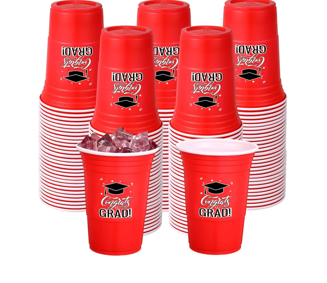 100 Pack Graduation Cups Bulk 16 oz Congrats Grad Cups 2025 Disposable Plastic Hot Cold Beer Beverage Drinks for School Graduation Party Decorations (Red)