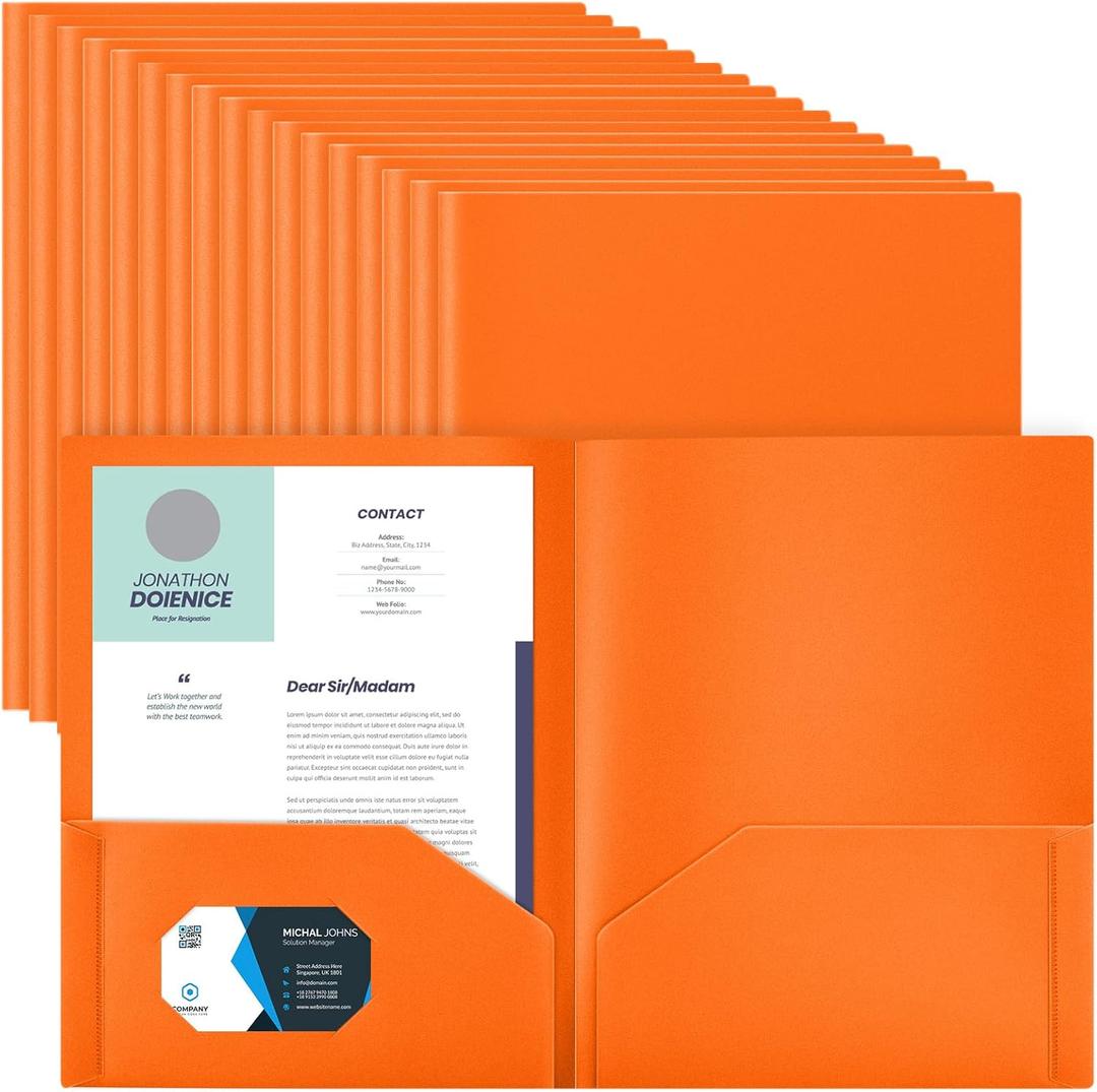 Gueevin 50 Pcs Plastic Pocket Folders,Orange Plastic Folders with Pockets, Letter Size