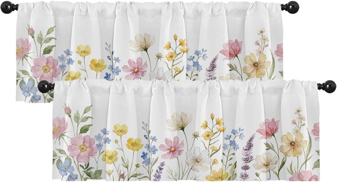 Emvency 2 Pack Valances Window Treatments, Spring Wildflower Flower Blackout Drapes Adjustable Curtain for Windows Living Room Kitchen Over Sink, 52x12 Inch Rod Pocket Valances
