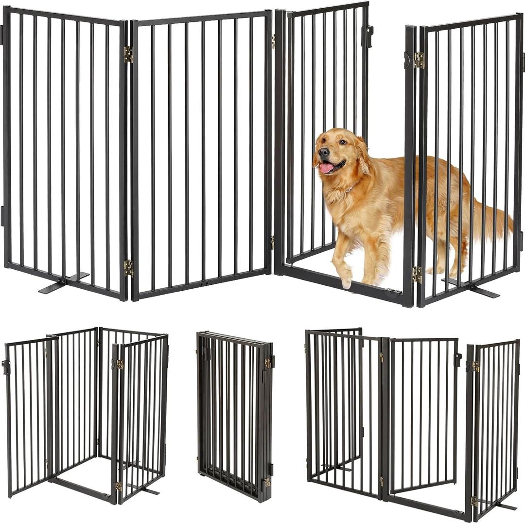Metal Freestanding Dog Gates with Door for Outdoor Indoor,80'' Extra Wide 36'' Tall Free Standing Dog Gate for Doorways,Large Openings,Deck,Yard,Porch,Foldable Safety Pet Fence(Black,4 Panels)
