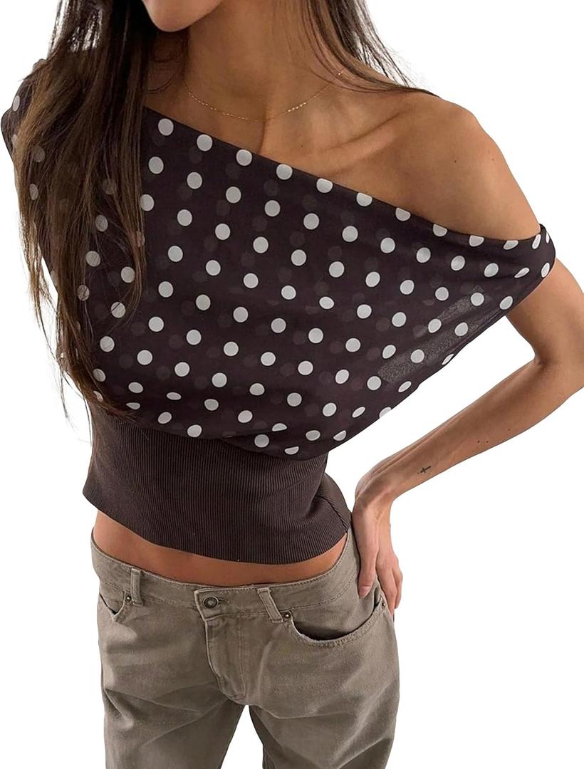 Women Y2k Polka Dot Mesh Asymmetrical Off Shoulder Crop Tank Tops Open Back Tie Patchwork Ribbed Sleeveless Shirt (Medium, Brown)