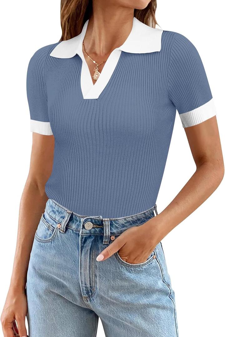 Ivicoer Womens 2025 Summer V Neck Short Sleeve T Shirts Slim Fitted Ribbed Knit Casual Tee Tops (Small, Gray Blue) Ivicoer Womens 2025 Summer V Neck Short Sleeve T Shirts Slim Fitted Ribbed Knit Casual Tee Tops (Small, Gray Blue)