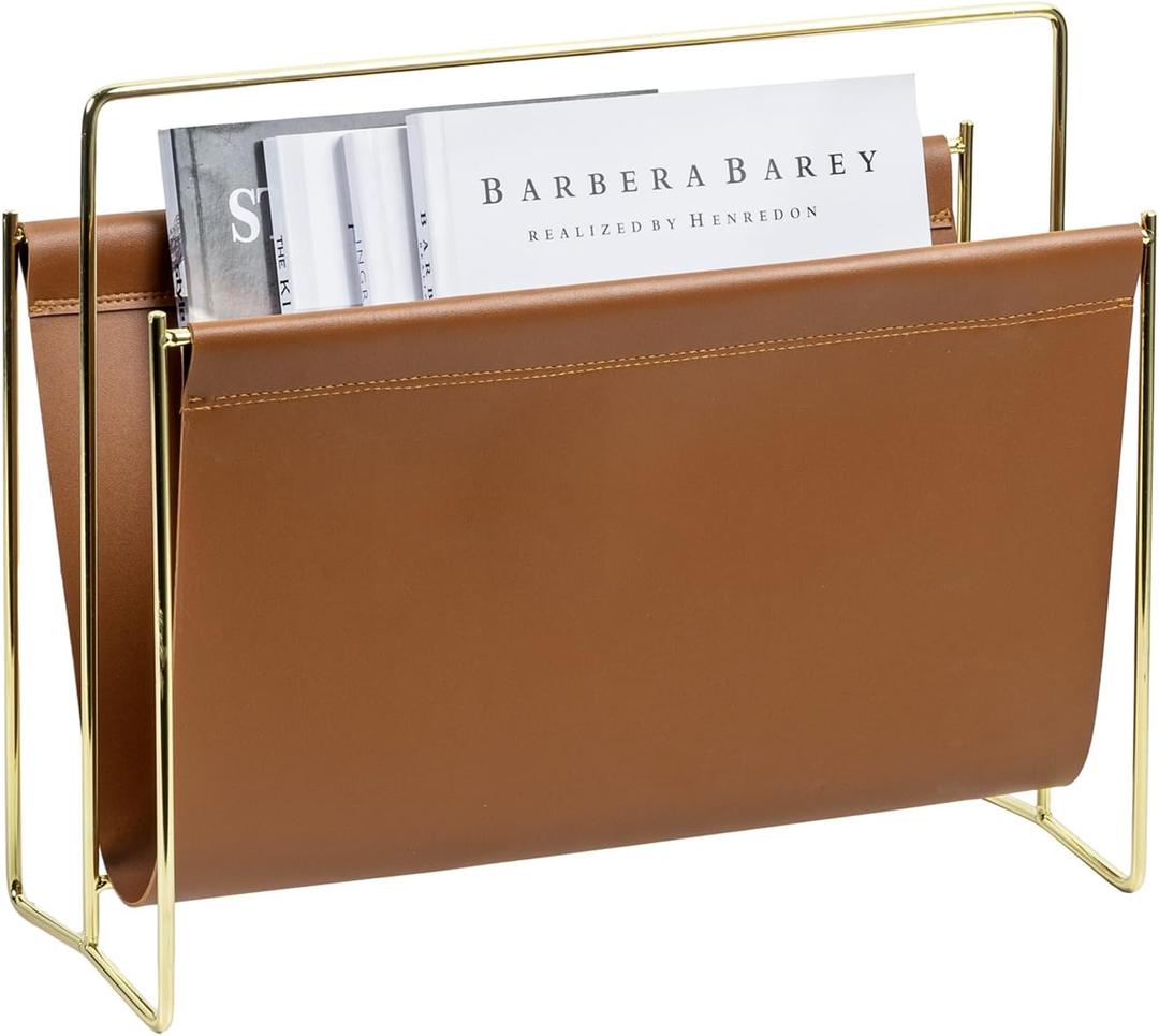 MyGift 15-Inch Modern Brown Leatherette & Brass Plated Metal Magazine Holder  Floor Standing Faux Leather Sling Style Newspaper Rack for Home, Bathroom, Office Decor