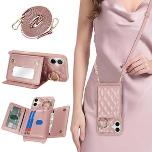 for iPhone 16 Plus Case with Card Holder and Strap for Women,Crossbody Lanyard, Make Up Mirror,Ring Stand,Snap Clasp,Cute Phone Wallet Cases 6.7 inch - Dark Rose Gold