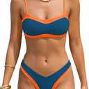 Bikini Sets for Women 2 Piece Swimsuit High Cut Adjustable Spaghetti Straps Color Block Bathing Suit for Women (Small, Peacock Blue)