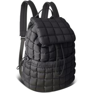 RCRZQ Black Puffer Backpack for Women, Lightweight Drawstring Closure Quilted Laptop Daypack Stylish Anti-Theft Travel Bag