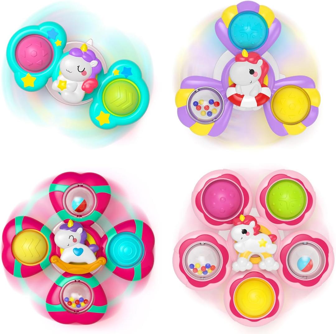 Usrela 4Pcs Suction Cup Rotating Toys for 1 Year Old Boy Girl, Bath Toys for Baby 12 18 Months, 1 2 Year Old Boy Birthday Gift, Sensory Toy for Toddler 1-3
