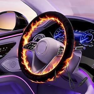 Heated Steering Wheel Cover – 12V Fast Heating PU Leather Car Wheel Warmer, Universal Fit 14.5"–15.5" for Car, SUV, Truck（Black）
