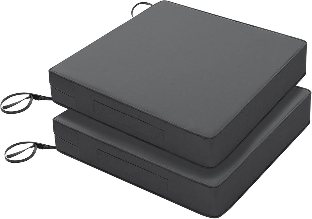 Favoyard Patio Chair Cushions 19 x 19 x 3 Inch Waterproof Outdoor Seat Cushions for Patio Furniture 3-Year Color Fastness Garden Sofa Couch Chair Pads with Handle & Adjustable Straps Set of 2, Dark Grey