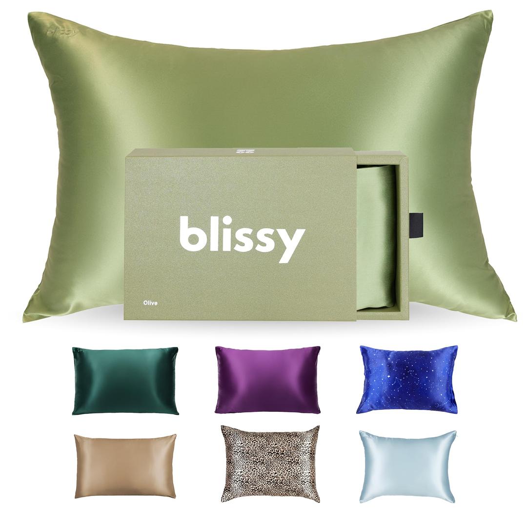 Blissy Silk Pillowcase - 100% Pure Mulberry Silk - 22 Momme 6A High-Grade Fibers - Silk Pillow Cover for Hair & Skin - Regular, Queen & King (Olive, Queen)