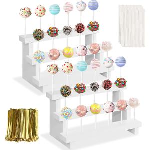 2Pcs Wood Cake Pop Stand, White Lollipop Holder 3 Tier with Twist Ties Lollipop Sticks, 17 Holes Sucker Display Riser for Dessert Table of Wedding Birthday Party
