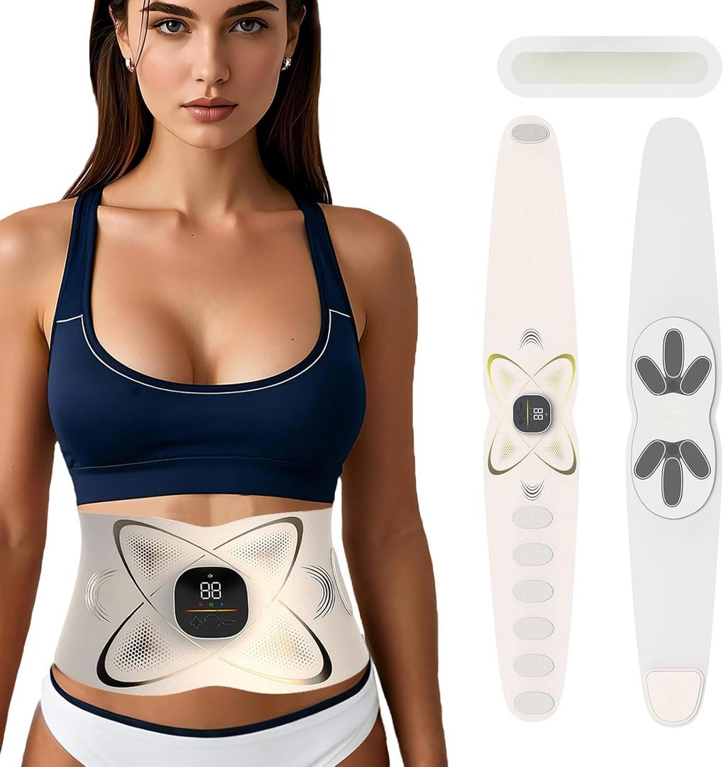 Abs Stimulator Abdominal, ab Belt Muscle Stimulator with Heat for Belly Fat Loss, Stomach Cellulite Melting, Postpartum Care Smooth & Firming, Lower Back Massager for Pain Relief Women Men Gifts (White)