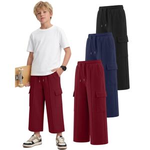 Langyiwee 3 Pack Boys Capri Pants Drawstring Elastic Waisted Teens Cargo Joggers Pull on Casual Sweatpants with Pockets(Wine Red, Navy Blue, Black,9-10 Years)