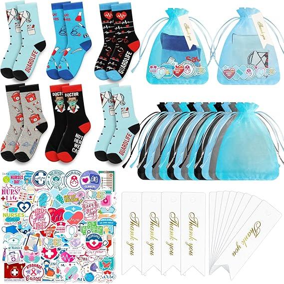 Demonwer 12 Set Christmas Nurse Appreciation Gifts Funny Nurse Socks Stickers Thank You Card Colorful Organza Bags Casual Nursing Socks Set for Christmas Nursing Students Teacher Hospital School Gift