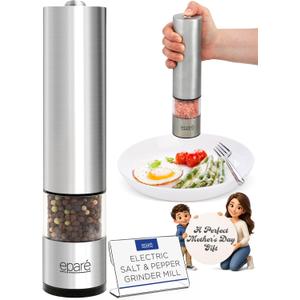 Epar Salt or Pepper Grinder Mill Electric Battery Operated Stainless Steel Mill with LED Light, Adjustable Ceramic Core, and One-Hand Push Button for Effortless Seasoning and Cooking