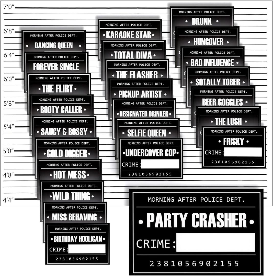 BLUE PANDA 25 Pack Bachelorette Mugshot Signs w/Height Chart - Bachelorette Backdrop for Wedding, Birthday, Jail Party Decorations, Halloween & Crime Scene - 5x4 Ft Mugshot Sign Pack
