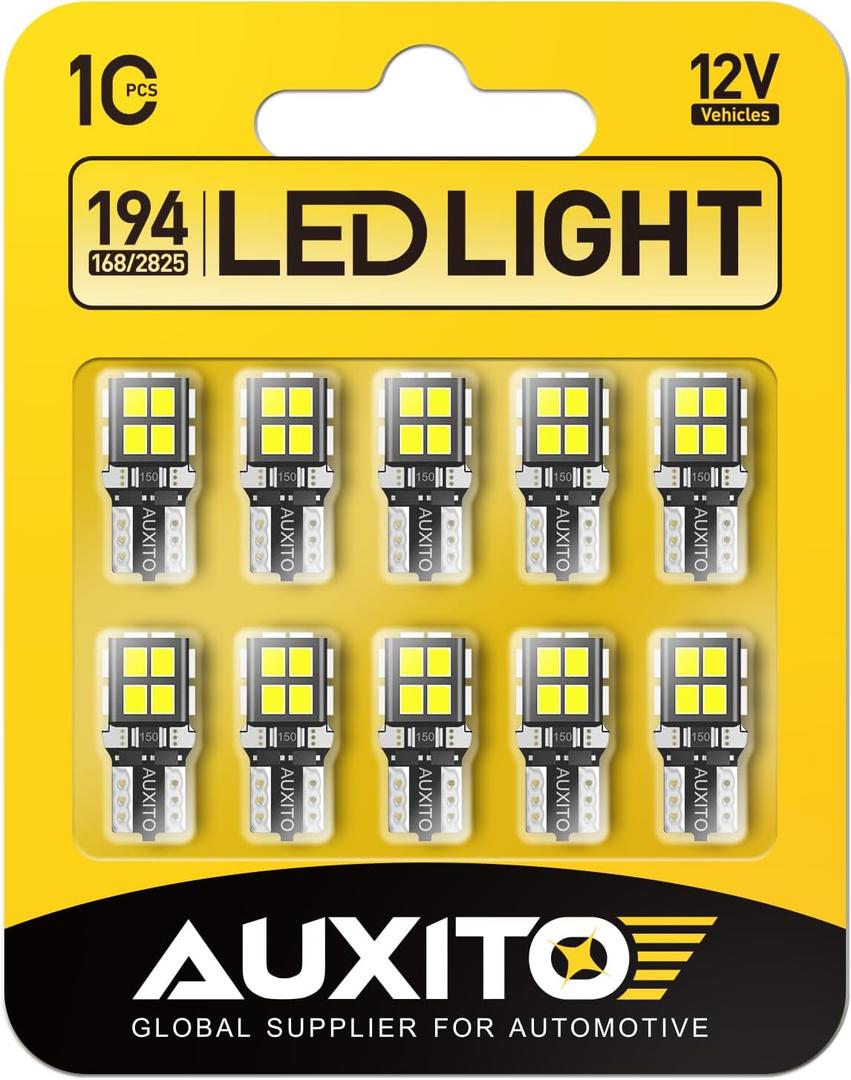 AUXITO 194 LED Bulb 6000K White 168 2825 W5W T10 Wedge 14-SMD Interior Car Bulbs Replacement for Dome Map Door Courtesy Trunk License Plate Parking Lights, 10 PCS