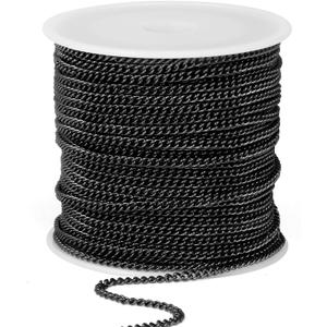 66FT Gunmetal Stainless Steel Curb Chains Roll, 2mm 304 Stainless Steel Black Flat Twisted Links Curb Chains Bulk Spool for Jewelry Making DIY Craft