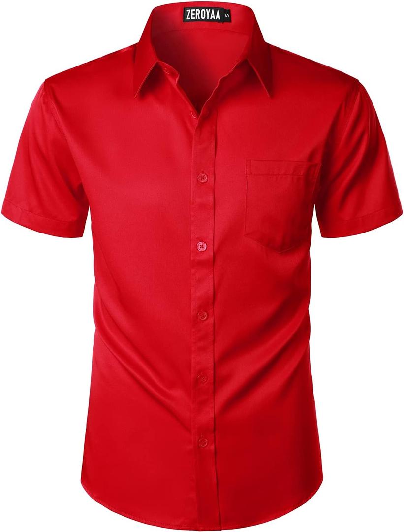ZEROYAA Men's Casual Urban Stylish Slim Fit Short Sleeve Button Up Dress Shirt with Pocket (Red) S