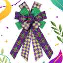 Hying Large Mardi Gras Bows for Wreath, Mardi Gras Fleur de Lis Wreath Bows Glitter Purple Plaid Bows Fat Tuesday Tree Bows Ornaments for Front Door Home New Orleans Carnival Decorations
