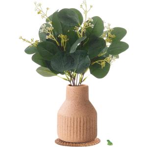 MiaTen Artificial Eucalyptus Greenery Stems in Ceramic Vase 10Pcs Fake Plants Eucalyptus Leaves for Centerpiece Table Decorations Home Room Decor Office Desk Decor Greenery Decor Indoor (Beige)