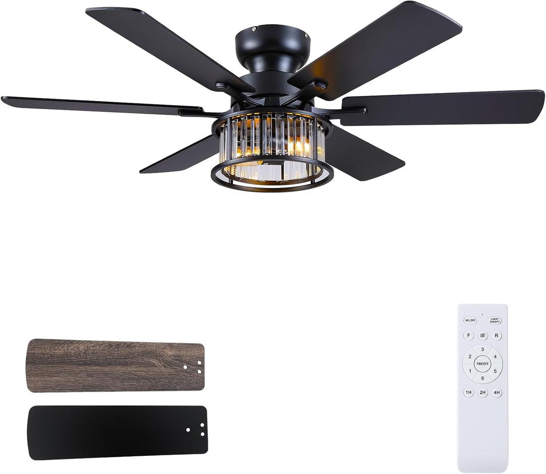 Hounberi 48" Industrial Ceiling Fan with Lights and Remote, Rustic Flush Mount Ceiling Fans with Crystal & Metal Caged Shade, 6-Speed Reversible, 6 Dual-Finish Blades, E26*2 Blub Base for Living Room