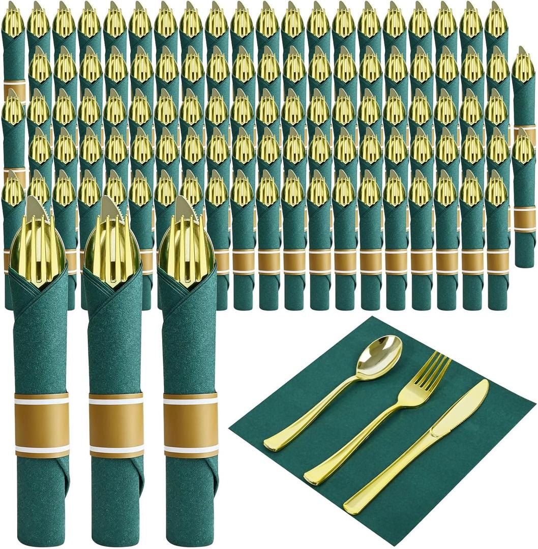 Pre Rolled Gold Plastic Silverware with Green Napkins, 100Pac Rolled Cutlery with Green Dinner Napkin, Heavy Duty Gold Plastic Silverware, Disposable Cutlery with Christmas Napkins