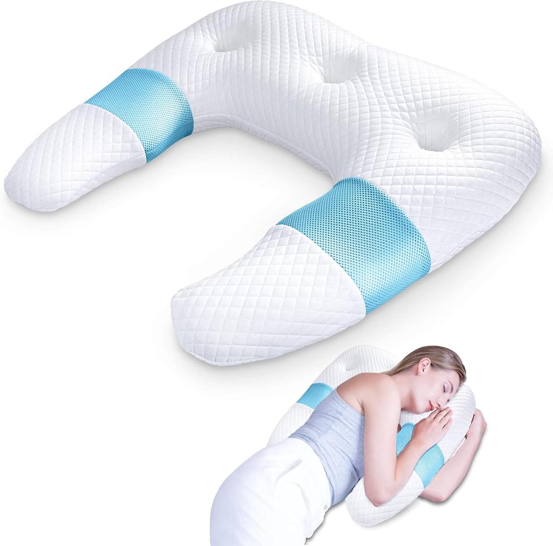 SAHEYER Side Sleeper Pillows for Adults, U Shaped Body Pillow for Pain Relief, Orthopedic Memory Foam Shoulder Pillow for Side,Stomach, Back, Arm with Removable Washable Cover (Upgraded Version), Blue (25.59x 23.93x4.72/2.36 Inch)