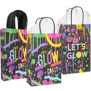 2 x DjinnGlory 36 Pack Small-Size Black Paper Gift Bags with Handles (Let's Glow Party) and 36 White Tissue Paper for Themed Birthday Parties, 9x5.5x3.15 Inch
