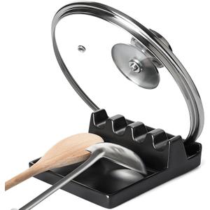 LE TAUCI Ceramic Spoon Rest for Stove Top, 5.3inch Pot Lid Holder for Kitchen Counter, Modern Utensil Rest with Drip Pad for Spoons, Ladles, Spatulas, Heat Resistant & Dishwasher Safe, Black
