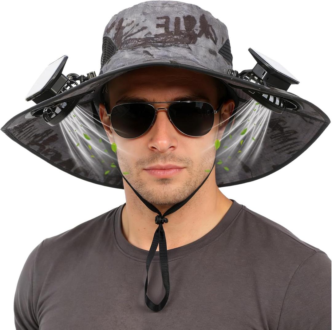 Solar Fan Hat,Solar Powered Fan Hat for Men Women,Wide Brim Sun Hat with 2 Solars Fan,2-in-1 Hands-Free Hats Fans (Black)