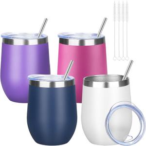 12oz/4 Pack Tumbler Glasses with Lid Stemless Double Wall Vacuum Stainless Steel Travel Tumbler Keeping Cold & Hot, Coffee,Cocktails,Christmas Drinks-Family and Gifts(Multi color-6)