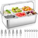 Countertop Food Serving Display Container with Clear Roll Top Cover, Stainless Steel Buffet Food Serving Tray, Condiment Serving Container Dispenser for Restaurant Kitchen Party(6 Compartments) 20.8" x 13" x 13"