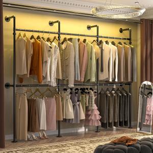 Aheaplus Industrial Pipe Clothing Rack, Reversible 9.85FT Clothes Hanger, Heavy Duty Garment Rack, Wall Mounted Closet Wardrobe, Corner L Shaped Walk-in Closet System, Black