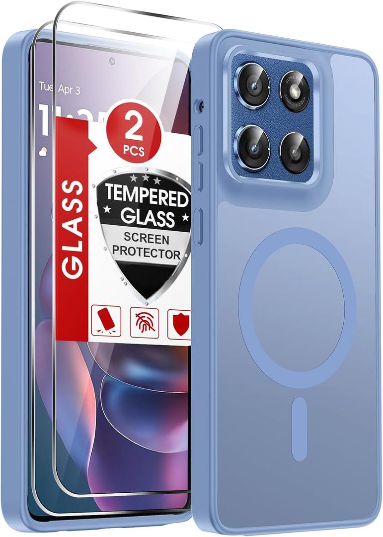 LeYi for Moto G-Stylus-2025/2026 Case: Motorola Moto G Stylus 2025 Case [MagSafe Fit] with 2X Screen Protector, Military-Grade Protection Slim Frosted Translucent Soft Funda para G Stylus 2025, L-Blue
