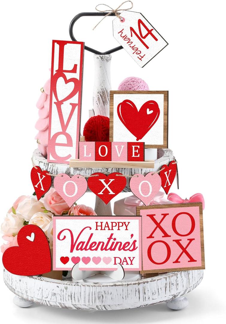 Jetec 12 Pcs Valentine's Day Tiered Tray Decor Set Heart Wooden Sign Rustic Farmhouse Decor Love Tiered Tray Decorative Signs for Valentine's Day Table Holiday(Red, Pink)